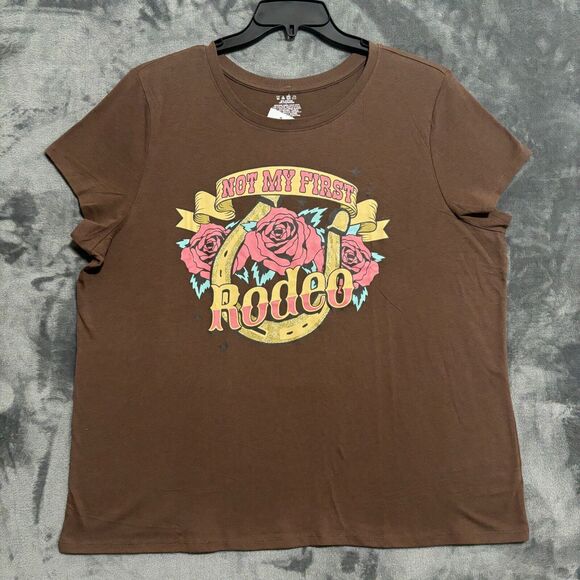 'Not My First Rodeo' Women's T-Shirt Sz XXL Brown Glitter Horseshoe Rose - Picture 1 of 6